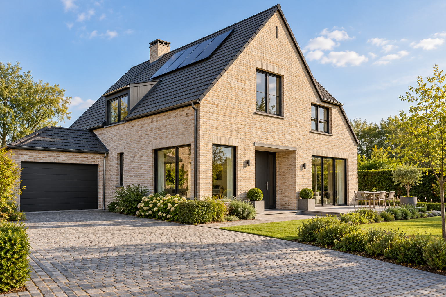 Illustratief beeld van een Belgische woning met een bakstenen gevel, zonnepanelen en een oprit